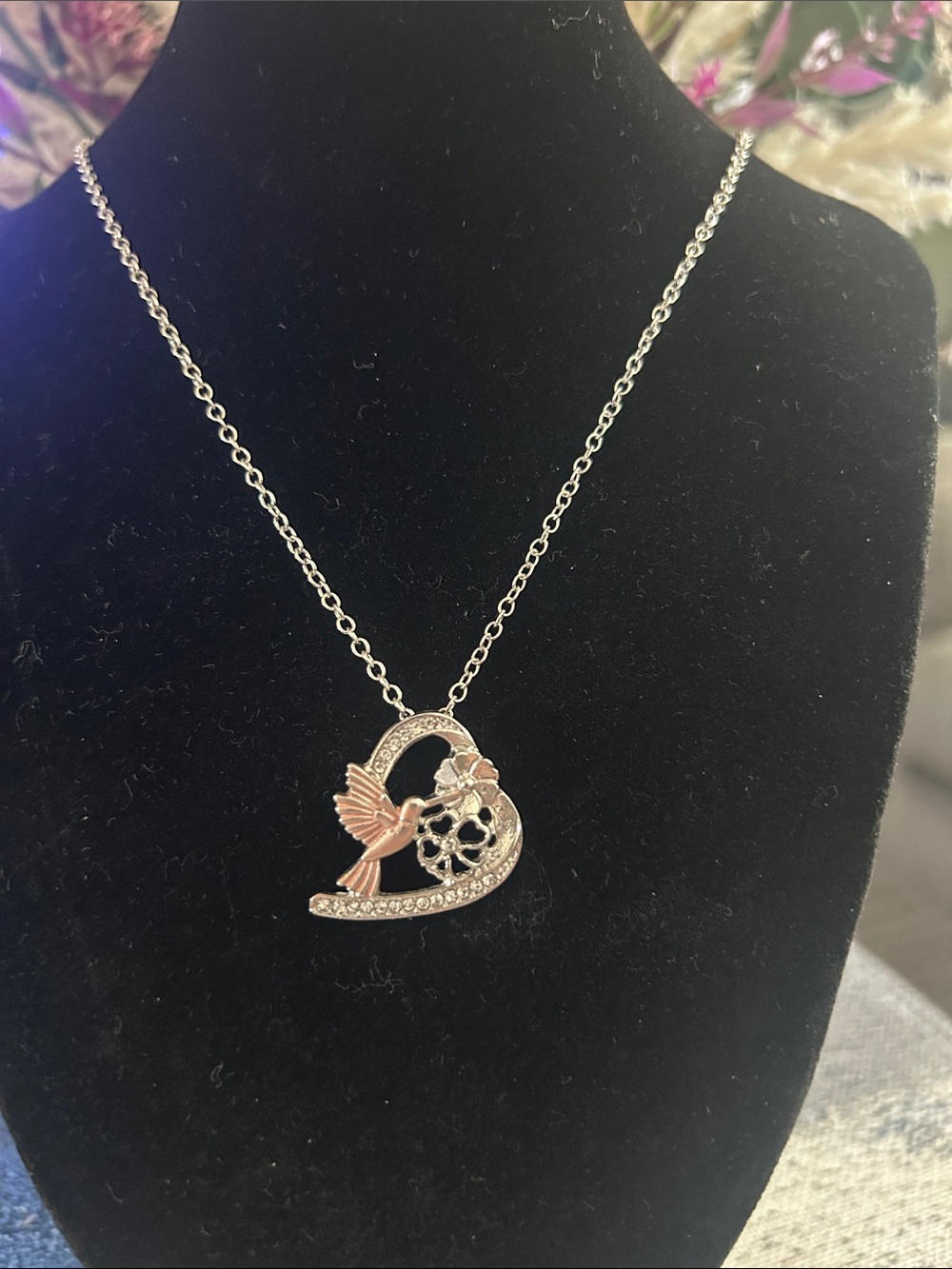 Sterling Silver Heart Necklace with Rose Gold Hummingbird